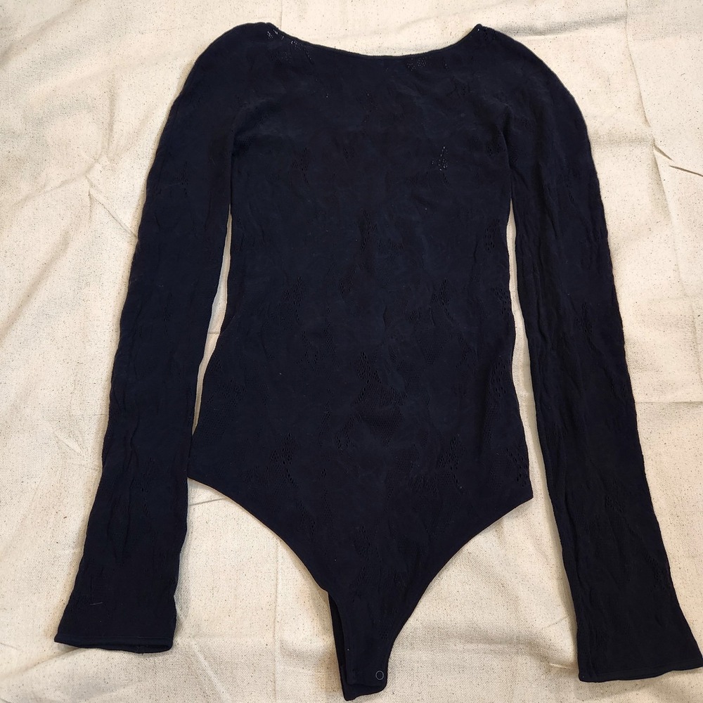 Wolford Black Virgin Wool Blend Long Sleeve Pointelle Lace Bodysuit Large Thong